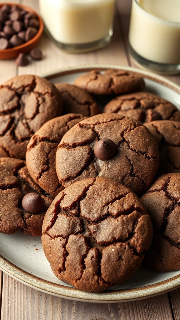 Simple Chocolate Almond Flour Cookies A plate of chocolate almond flour cookies with chocolate chips on a rustic wooden table next to a glass of milk.